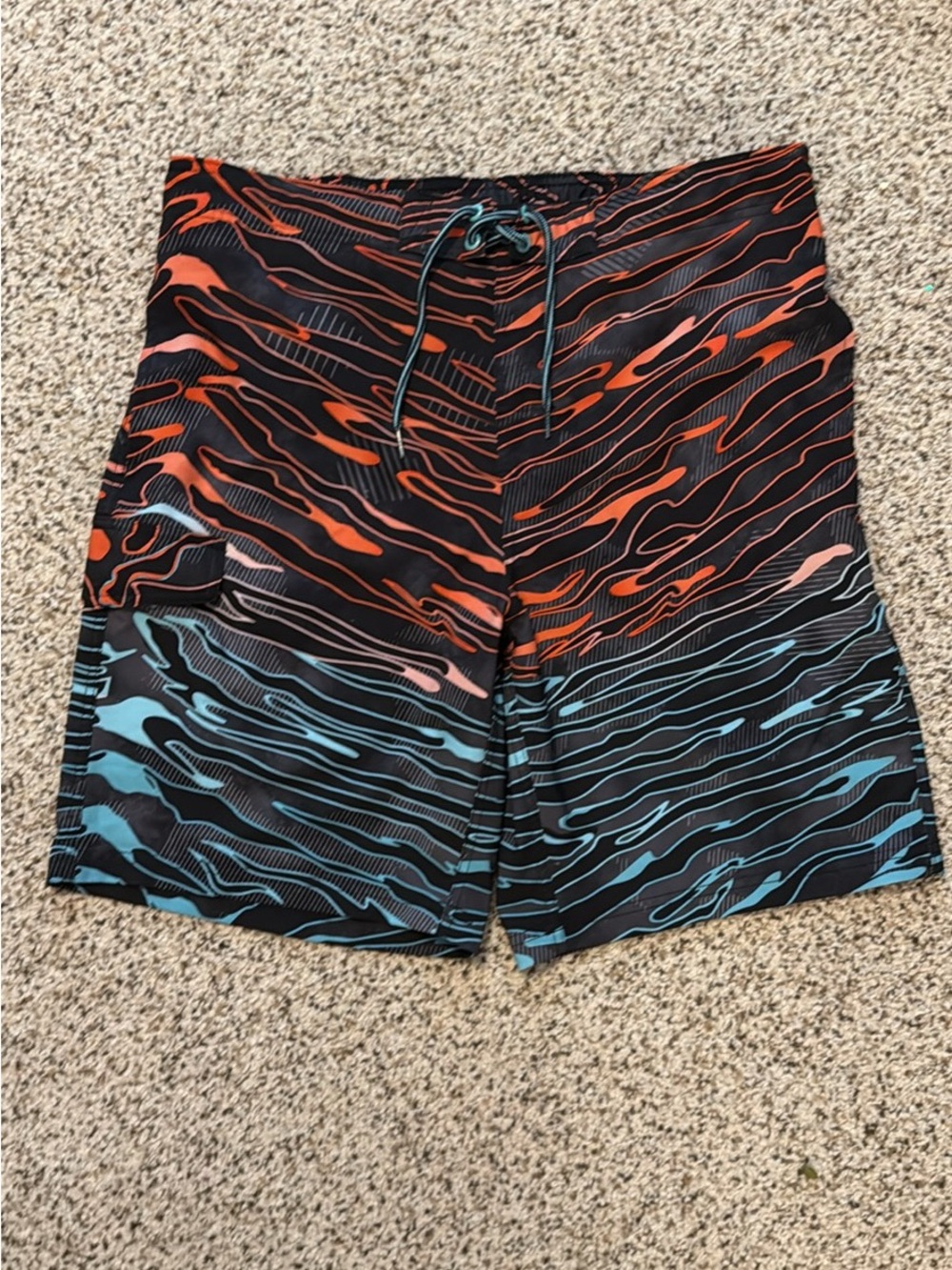 George Men's Large 36-38 Black Swim Trunks with Orange and Teal Wave Print